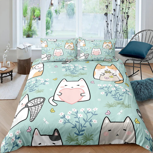 'A Sunday Field Trip' Mint Green Cat Bedding Set
