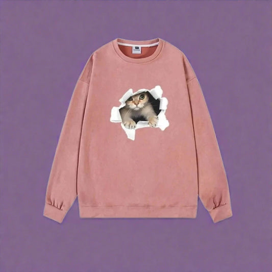 Adorable Cat Face Sweatshirt in Luxurious Suede Fabric
