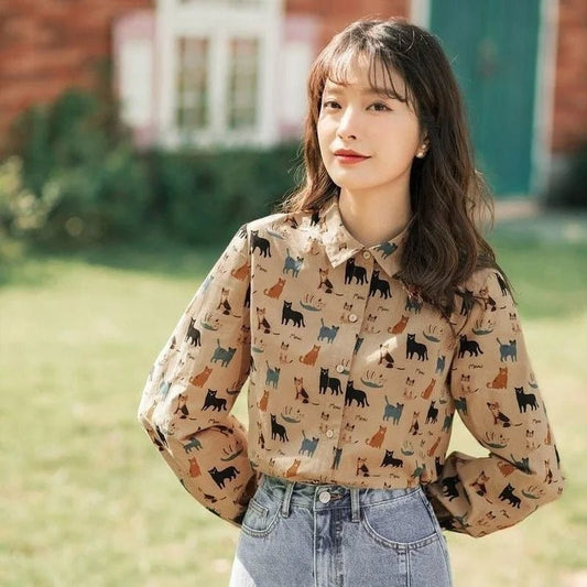 Cartoon Cats Button Up Blouse