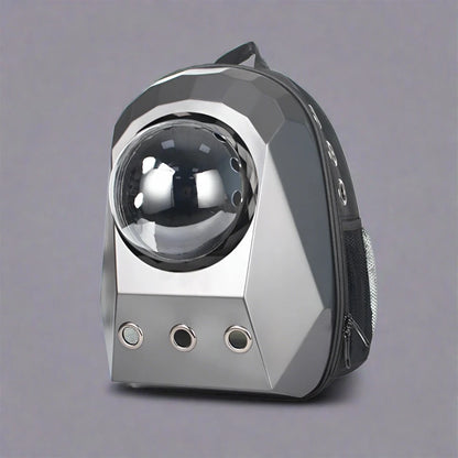 silver color cat carrier in diamond-a-like design and looks futuristic