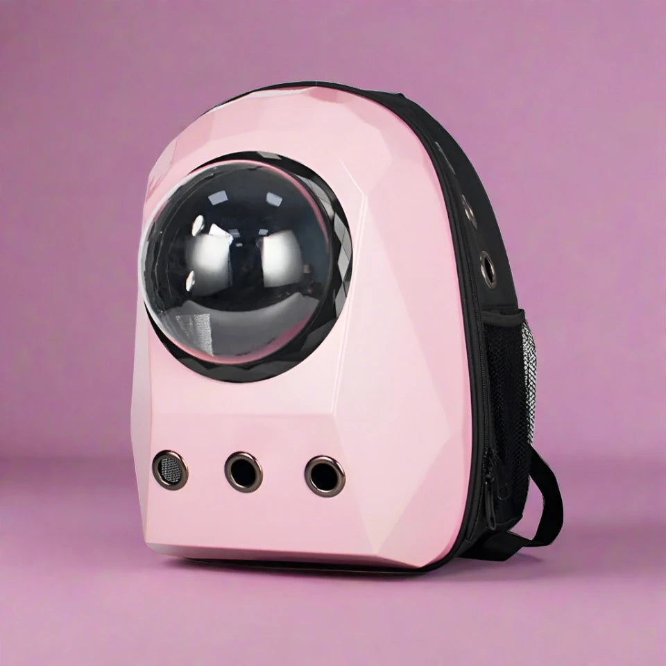 pink color cat carrier backpack in cyberpunk style that looks futuristic