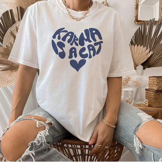 Typography Style Cotton T-shirt With Karma Is A Cat Quote