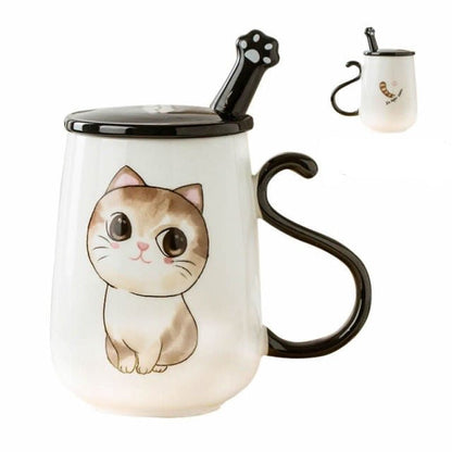 orange cat mug with lid and paw shape spoon | cat printing cup with cat tail shape handle