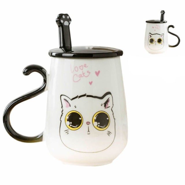 ceramic cat lover mug with cute cat print and cat tail design handle