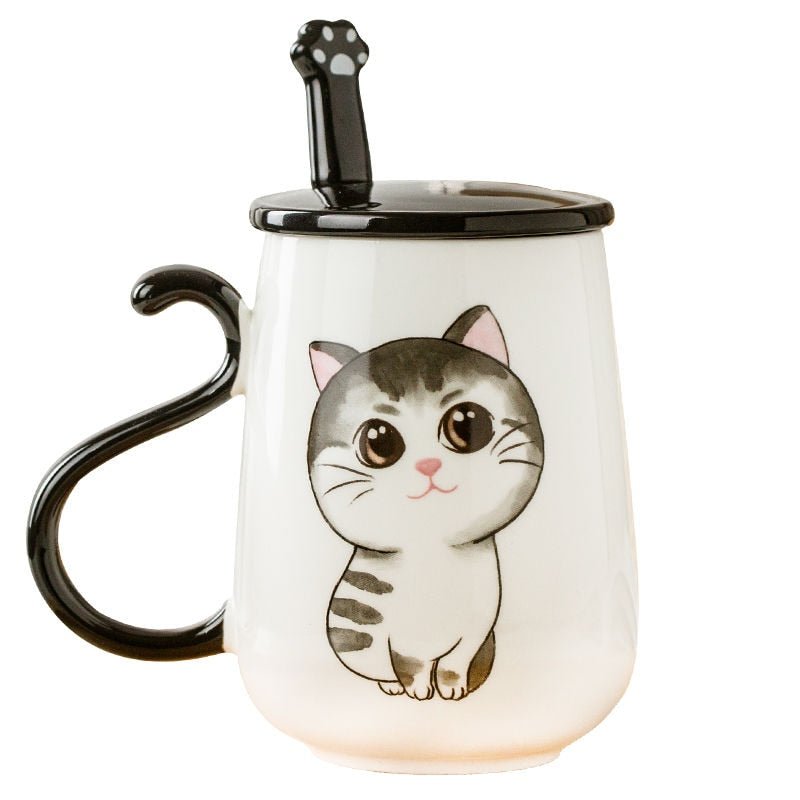 gray cat print ceramic cat mug with lid and paw shape spoon