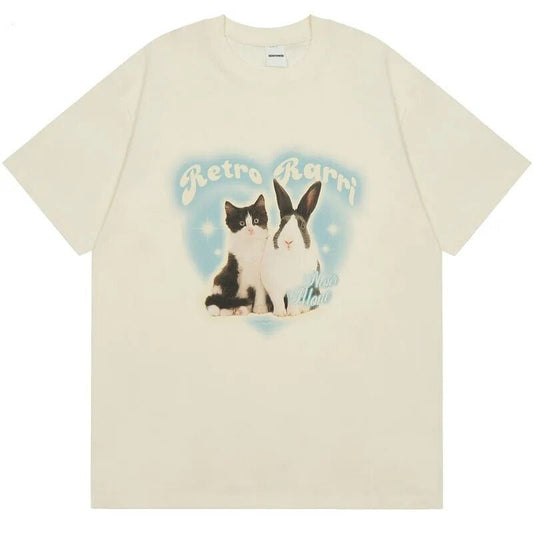 Beige Retro Y2K design featuring a kitten and rabbit