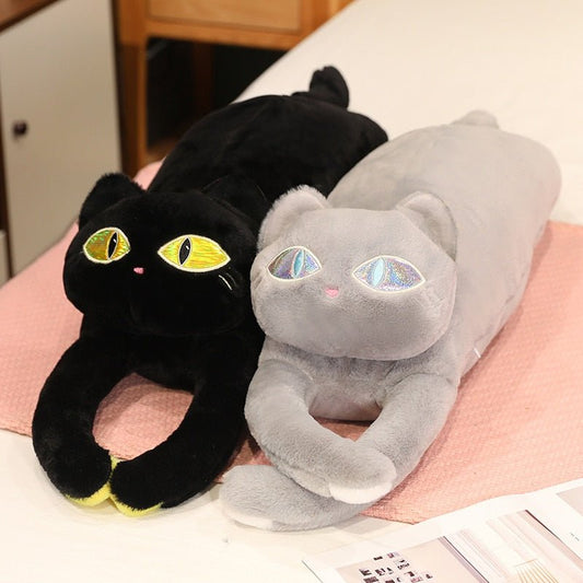 a black and grey long cat plush with big eyes