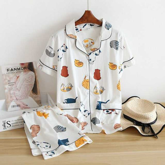 Cartoon Cat Sleepwear Suit Set