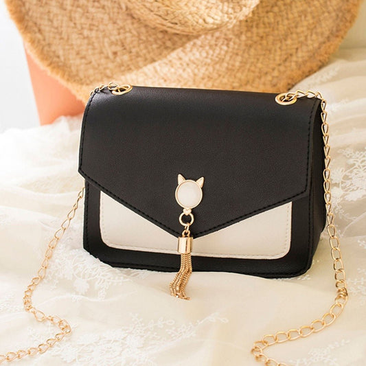 Cat design vegan lather crossbody bag with chain