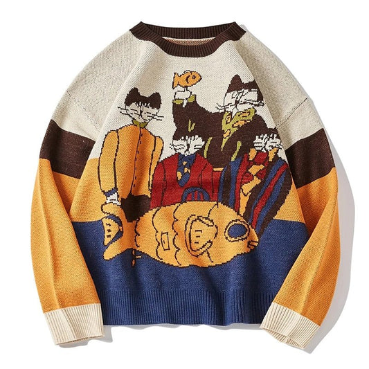 'Cat Family & Taiyaki Snack' Retro Design Japanese Sweatshirt