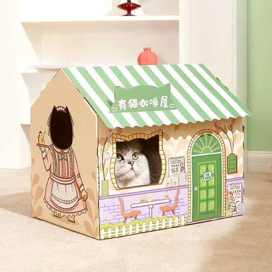 cute modern cat bed with hole for head and in-built scratchboard