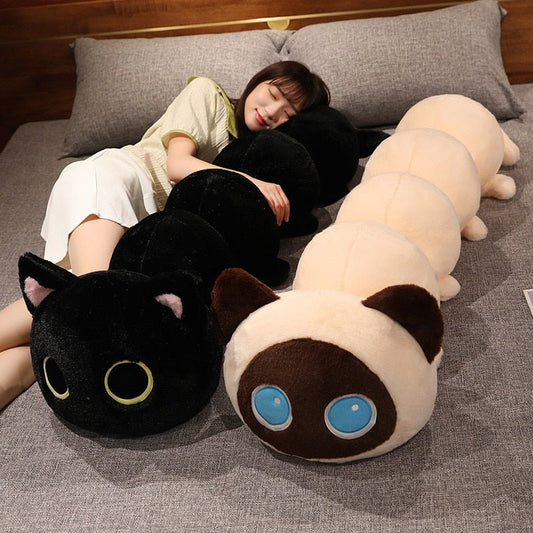 a lady hugging a black cat plushie of a cat shaped as caterpillar