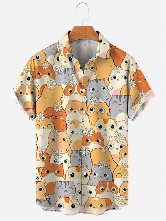'Cats with flowers' Summer Hawaiian Shirt With Many Cats