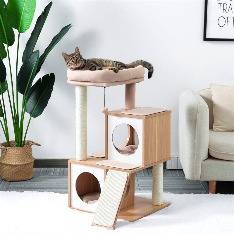 Modern Look Minimalist Cat Tree with Enclosure Stylish