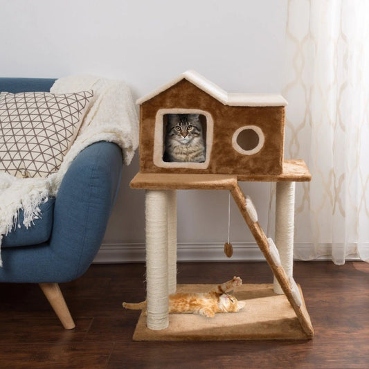 a cat resting in a wooden climbing cat tree hosue