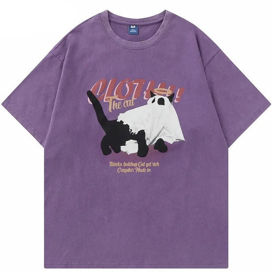 Vintage washed tee with cute yet spooky Cloth the Cat design