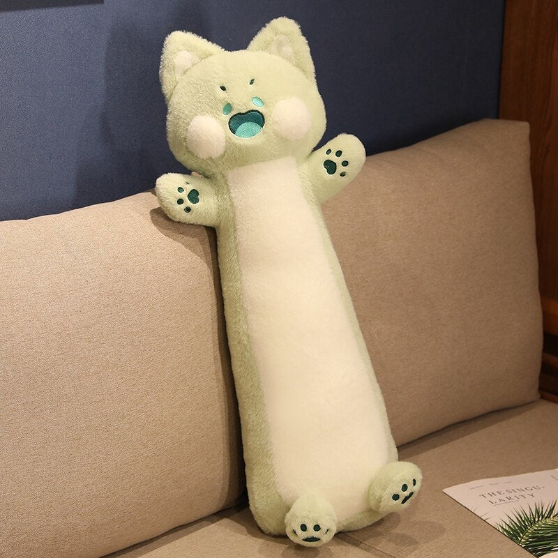 a green long cat plush of a cute cat