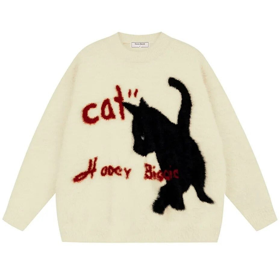 Black Cat Fuzzy Sweater Playful Street Vibes With Graffiti Text