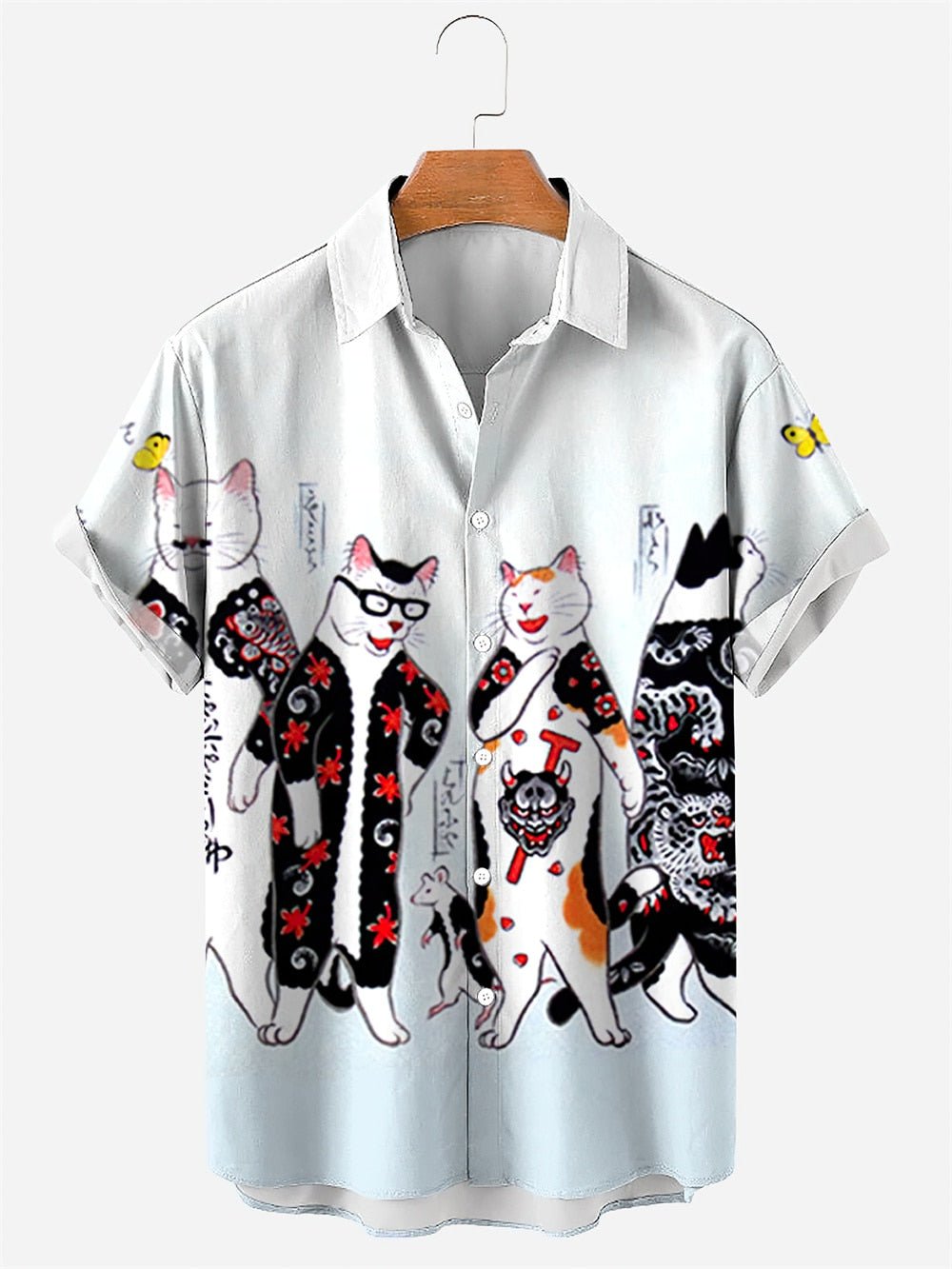 Cuban Collar Hawaiian Shirt Cat Print Button Up Shirt Cool Yakuza