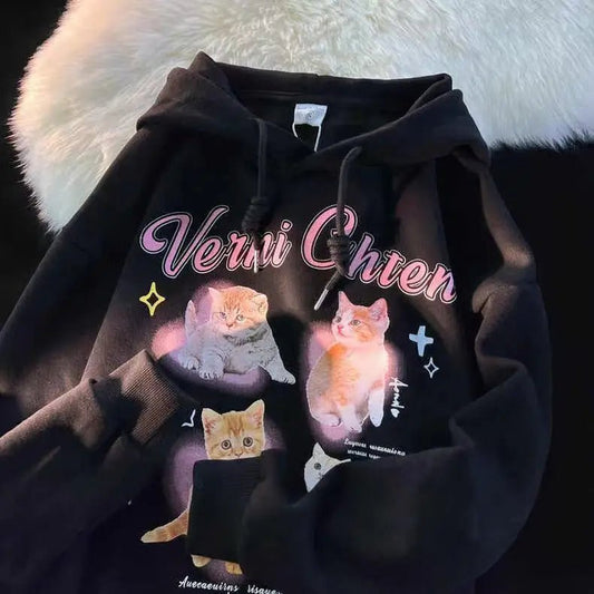 Dreamy Cute Cat Hoodie with four distinct cats and whimsical details.