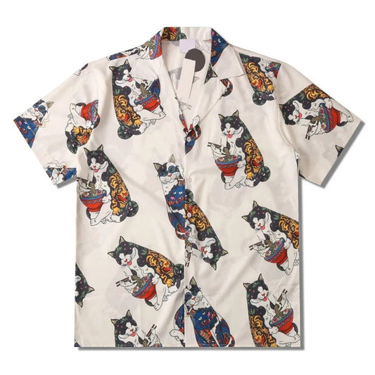 Tattooed yakuza cat eating ramen on cream button-up shirt