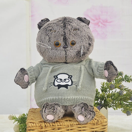 a cute grey cat plush of cottish fold wearing a hoodie
