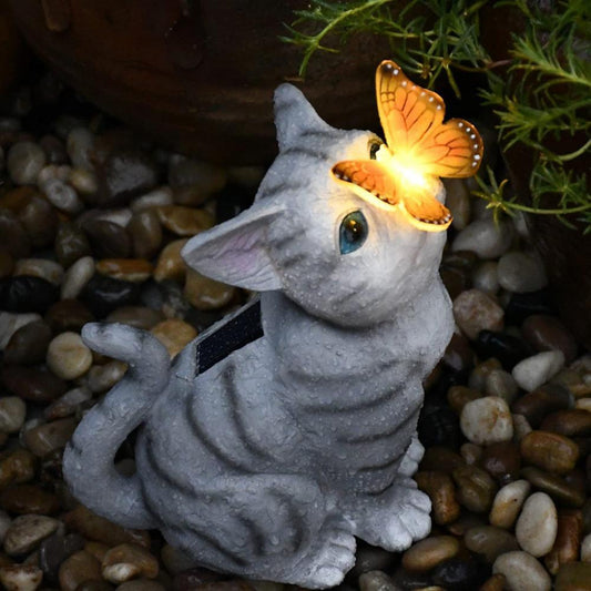 Handmade solar powered LED cat sculpture with butterfly