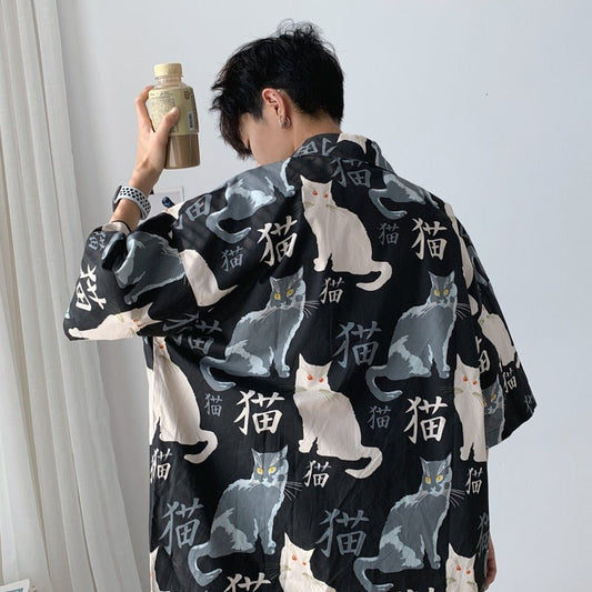 Harajuku Style Men's cat shirt with Japanese Kanji