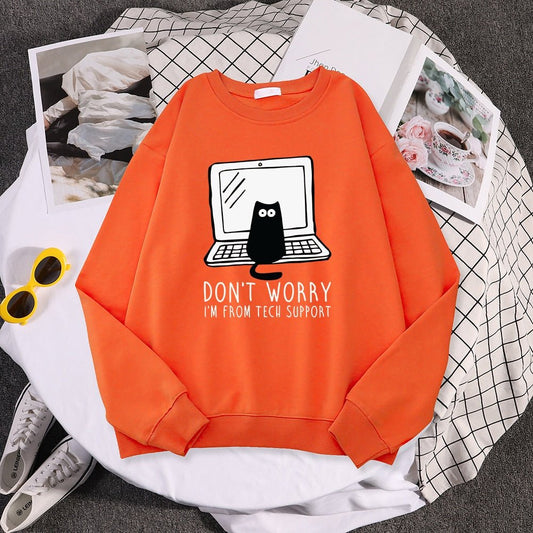orange color dont worry i am from tech support funny cat sweatshirt with a black cat