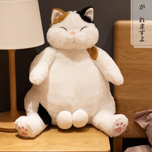 a cute male plush calico cat with balls