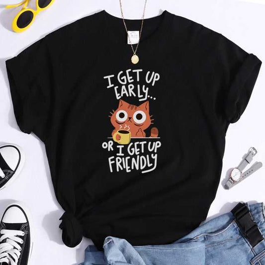 i get up early or i get up friendly words cat mom t shirts in black color