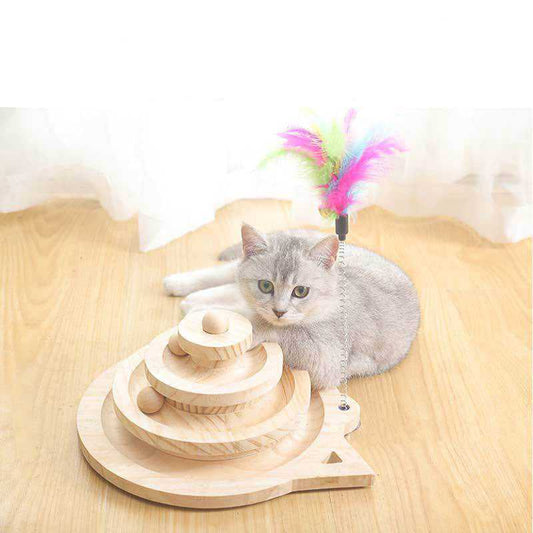 Cat Supplies Funny Roller Cat Toy-Triple Layer Wooden Track Balls Turntable for Kitty Cat Gifts for Your Cats