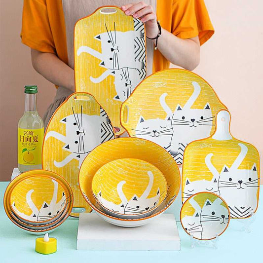 premium japanese style cat design ceramic set dinner bowl plate set