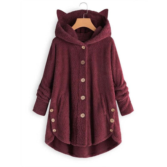 wine red color warm cat hoodie with ear made for cat mom for a stylish look while staying warm