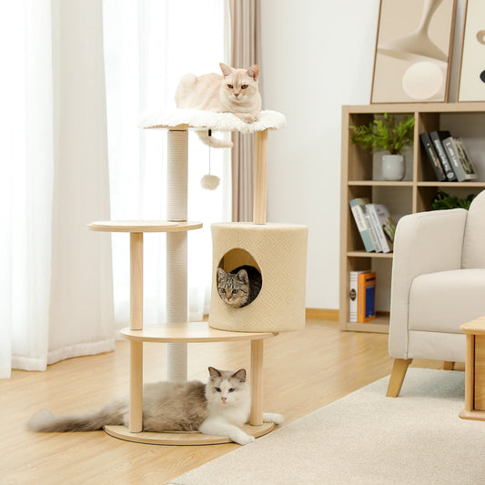 cats chilling on a modern cat tree with enclosure