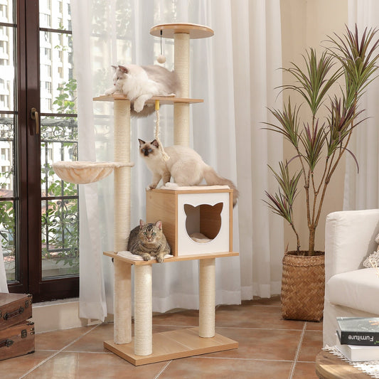Multi Level Wooden Cat Tree With Hammock & Cat Shape Enclosed Bed