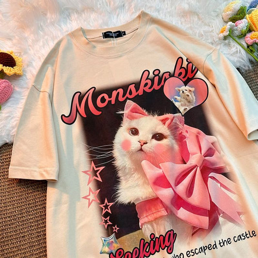 Oversize barbiecore Pink Cat T-shirt