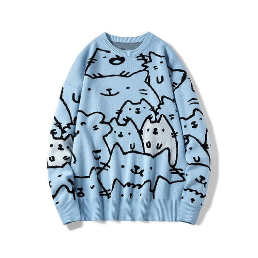 'Premium Cartoon Cat Sweater' in Sky Blue with an adorable array of black-outlined cartoon cat faces
