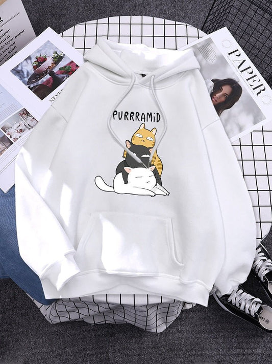white hoodie made for cat mom with printed words purramid and three cute cats stacking together