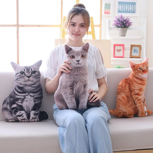 a lady holding a funny look 3d cat pillow and sitting beside another two