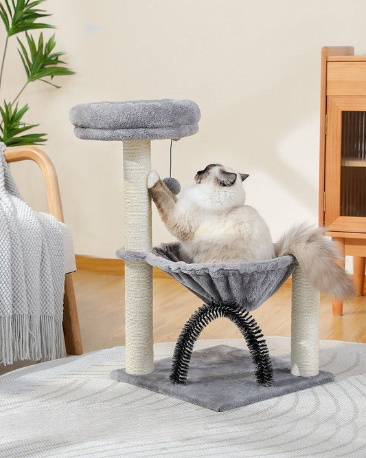 a cat scratching a modern cat tree