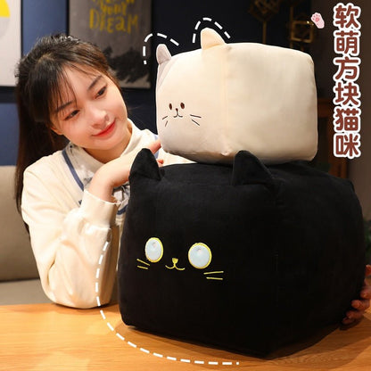 a lady with cute plushies of a cat in square shape