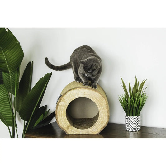 a modern cat tree with minimalist log design