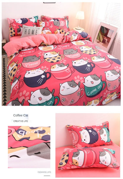 full set queen bedding set with cute lucky cat designs