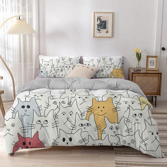 cat duvet cover set with cat illustration design featuring a yellow outstanding cat