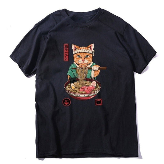 japanese cat shirt eating ramen in black color
