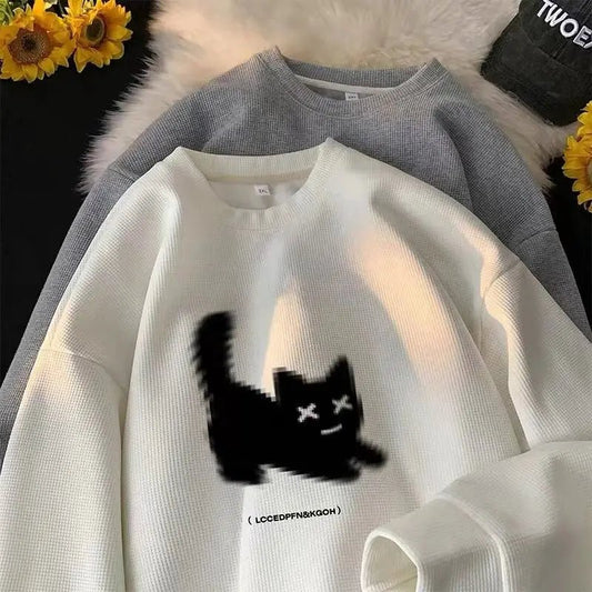 Unisex Naughty Black Cat Print Sweater In Waffle-knit Fabric