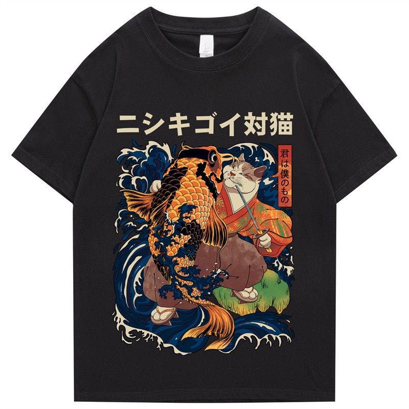 black color Kimono cat and koi fish design amidst sea on t-shirt