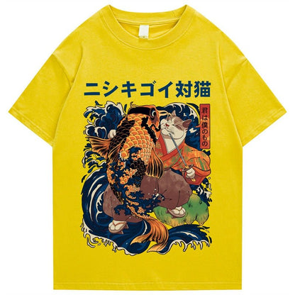 Detail view of a yellow color high-quality, breathable cotton fabric of the cat t-shirt