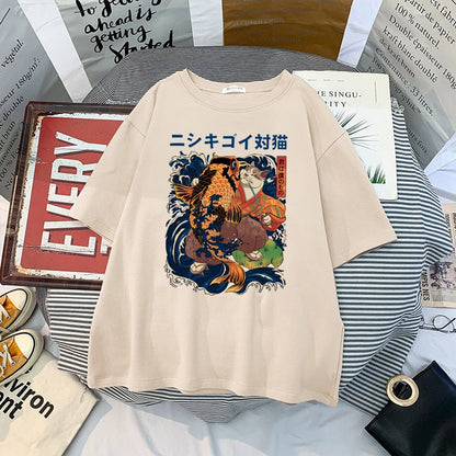 off white color Traditional Japanese style cat t-shirt with kimono-clad cat design